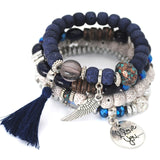 Beautiful Bohemia 4pcs Multilayer Crystal Lava Stone Beads Wing Tassel Bracelets